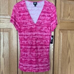 INC International Concepts Women's Tie-Dye Pink V-Neck Tee